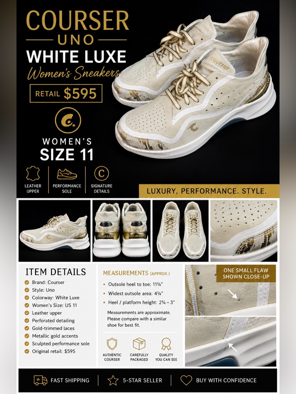 Courser Uno Women’s Sneakers – White Luxe / Gold – Size 11